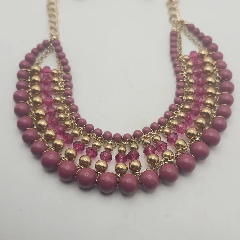 Glik's Burgundy Glass Bead Gold Tone Layered Bib Necklace Earrings Set Carded
